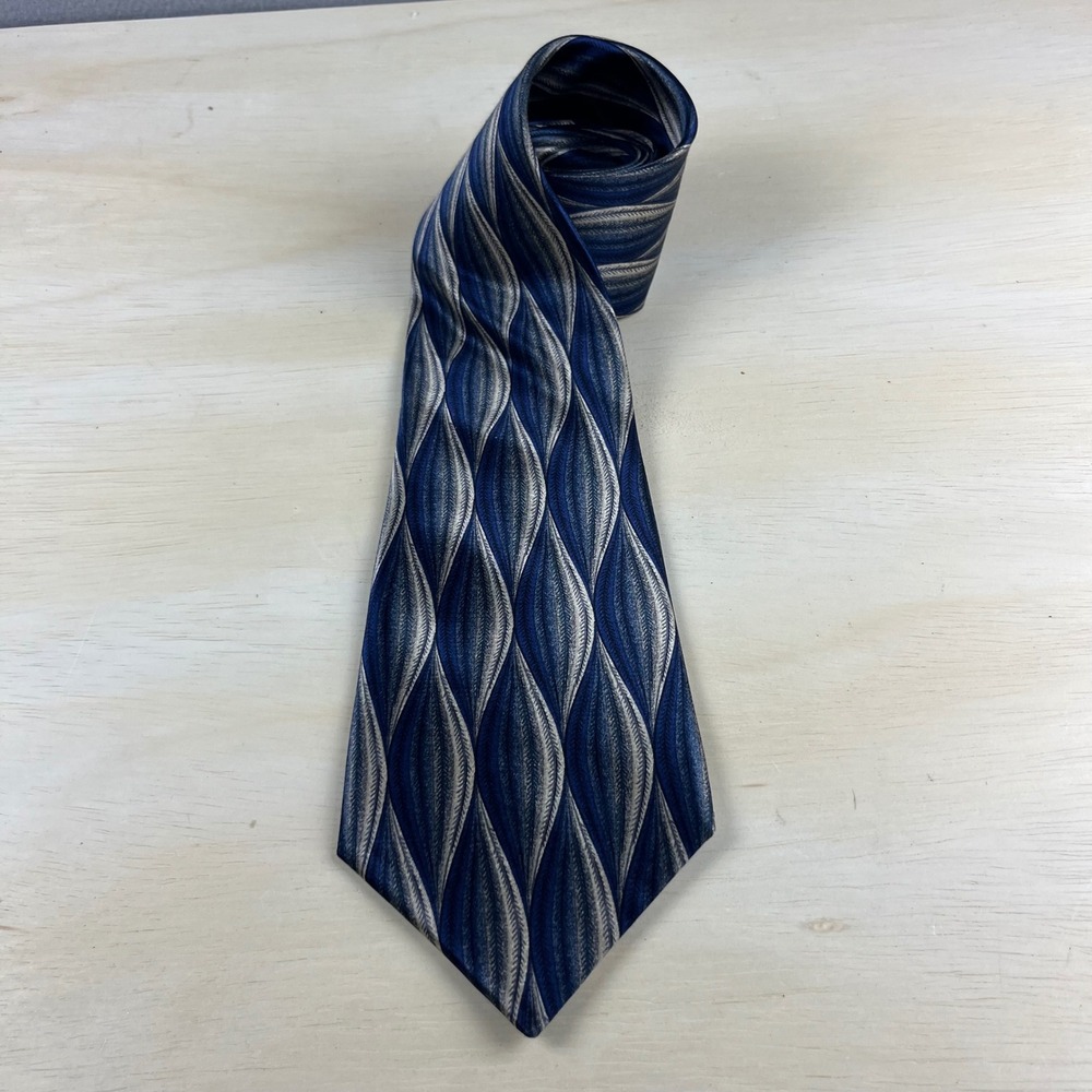 Countess Mara Mens Silk Tie Blue Silver Geometric Wave Pattern Made in USA